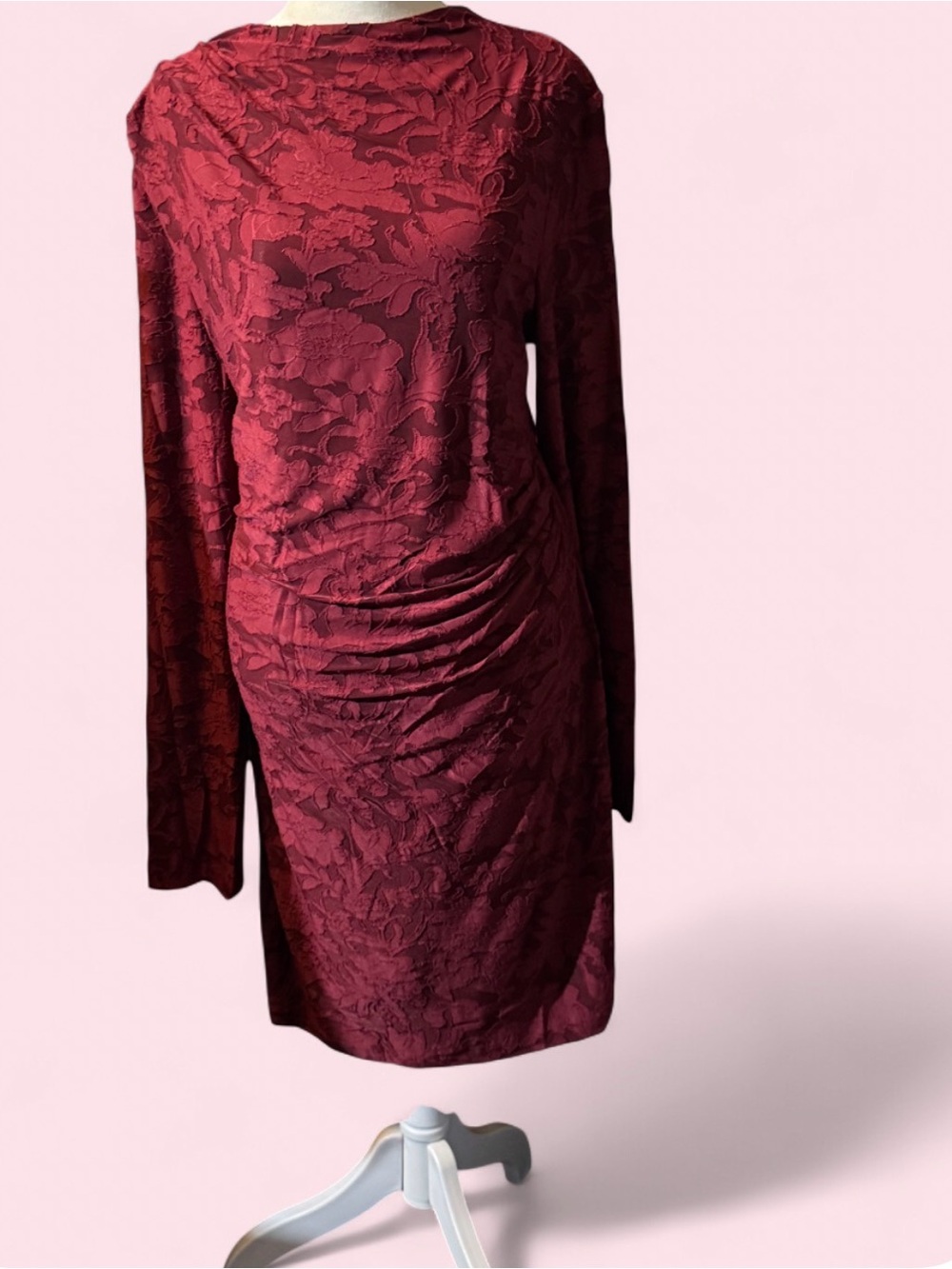 Burgundy Long Sleeve Burgundy Floral Jacquard Ruched Dress